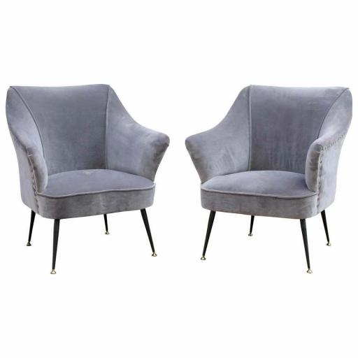 Pair of 1950's Italian Grey Velvet Armchairs Attributed to Gio Ponti - SOLD