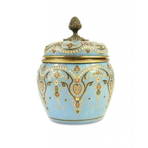 A 19th century French Jewelled turquoise enamel jar scent bottles perfume