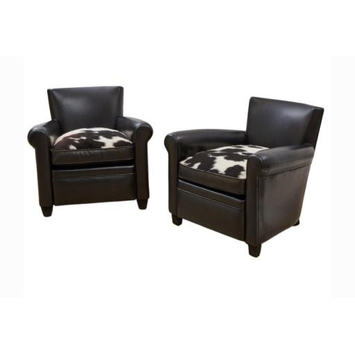 Pair of Black leather club chair / armchair cow hide seat