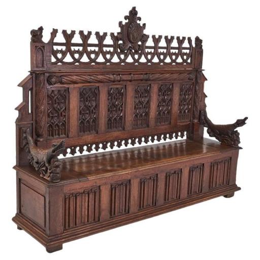 19th Century Antique Gothic Revival Church Bench Settle