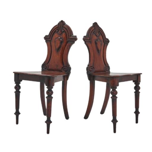 Pair of Antique Victorian Mahogany Hall Chairs with Carved Crest Backs