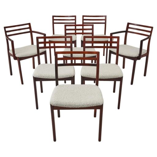 Set of 8 Danish Rosewood Dining Chairs Recently Upholstered In Boucle