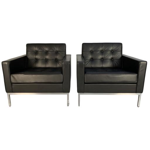 Pair Of Lounge Armchairs In Black Leather By Florence Knoll For Knoll Studio