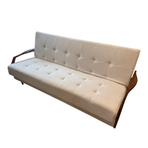 Vintage Teak Frame Sofa Bed Recently Upholstered In Boucle